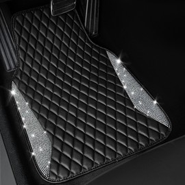 CAR PASS Bling Leather Car Mats Shining Diamond Floor Mats Crystal Rhinestone Sparkly Glitter Carpet Anti-Slip Waterproof Pad Universal Fit Automotive SUV, Sedan, Van, 5pcs Girl Women, Black Silver