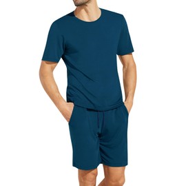 Chalier Cozy Mens Modal Pyjamas Sets Short Sleeve T-Shirts Tops Bottoms Casual Comfortable Nightwear Summer Loungewear for Men Soft Sleepwear Pjs Sets with Pockets（Blue-XL）