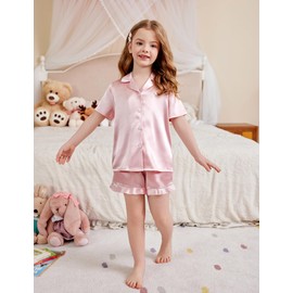 Arshiner Girls Pajamas Silk Satin Pajama Set 2 Piece Button Down Pjs Ruffle Sleepwear Lotus Root Pink 11-12 Years