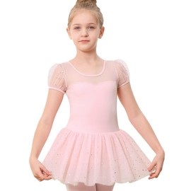 Stelle Puff Sleeve Ballet Leotards for Girls with Sparkly Tutu Skirted Toddler Dance Dress Outfit (Ballet Pink-Puff Sleeve, 3T)