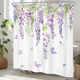 Riyidecor Purple Lilac Shower Curtain 60Wx72H Inch Spring Floral Botanical Wisteria Lavender Flower Rustic Green Leaves Watercolor Butterfly Women Girls Bathroom Decor Fabric Waterproof 12 Pack Hooks