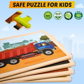 Wooden Vehicle Puzzles for Kids Age 3 4 5 Year Old, 4 Pack 24 Pcs Montessori Toddler Jigsaw Puzzles for Girl boy Activities Preschool Learning Educational Birthday Gift Travel Autistic Wooden Toys