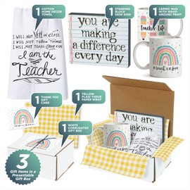 Teacher Gift Hoopla Box - Ceramic Mug, Standing Block Desk Sign, and Cotton Home Decor Towel Gift Kit with Box and Tissue Paper - Teach Graduation Box