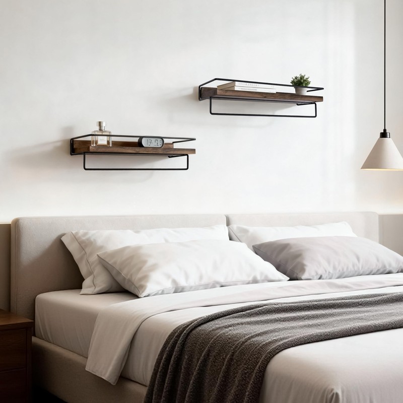 Bathroom Floating Shelves With Towel Bar - Solid Walnut Wooden