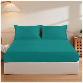 Fitted Bed Sheets King Size (150x200 cm) - Breathable Fitted Sheet 25cm(10") Deep - Elasticated Corners Bottom Sheet - Deep Teal