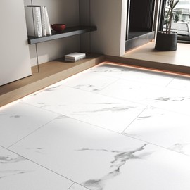 FunStick 30x60cm Carrara Marble Peel and Stick Floor Tile White Floor Tiles Peel and Stick Flooring Waterproof Removable Vinyl Flooring Peel and Stick Wall Tiles for Bathroom Kitchen Bedroom 5 Tiles