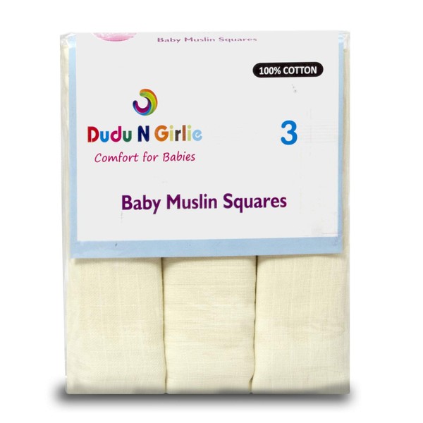 DUDU N GIRLIE Extra Large Muslin 70x70 Baby Muslin Squares | 100% Cotton Muslin Cloths For Baby | Soft Muslin Wash Cloths, Muslin Swaddle Blanket | Baby Essentials for Newborn (Cream, Pack of 3)