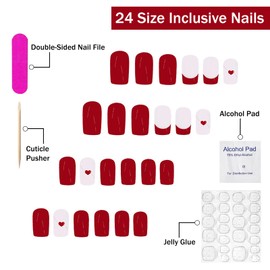 Valentines Press on Nails Medium Square SWEKKE Wine Red French Tip Fake Nails False Nails with Designs Gold Glitter Swirl Red Heart Glossy Glue on Nails Stick on Nails for Women Girls 24 Pcs