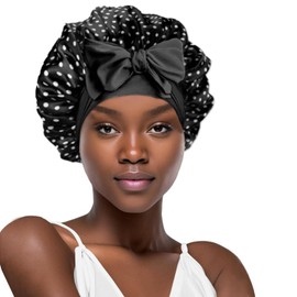 YENTEN Double Night Hat Made of Silk Satin, Silk Hood for Sleeping, Adjustable Night Sleep Hat, Non-Slip Bonnet Sleep Cap for Women (Dot Pattern)