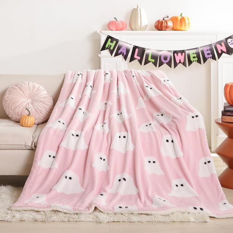 Smoofy Throw Blanket Halloween Blanket with White Ghost Pink Throw