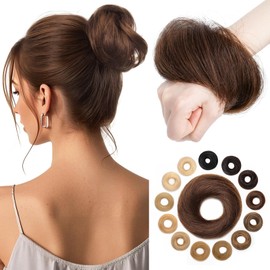 Hairro Human Hair Messy Bun, 100% Real Ponytail Hair Scrunchies, Natural Curly Chignon Fluffy Donut Updo, Hairpiece with Elastic Rubber Band for Women, 1 Count Medium Brown Straight