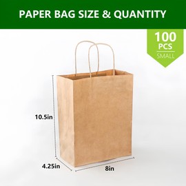 Nutribox Brown Paper Gift Sacks 100pcs 8 x 4.25 x 10.5In Gift Bags with Handles Bulk Kraft Paper Goodie Bags for Birthday, Party Favor, Sturdy Shopping Bags Food Safe Snacks Bags Small Business Bags