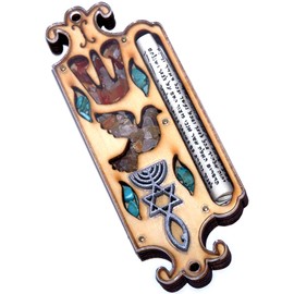 Wooden Messianic Seal Mezuzah case with Messianic Seal - 5 Inch with Scroll and Jerusalem Stones
