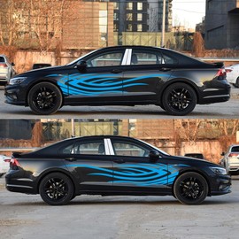 Flame Graphic Car Body Decals, Self-Adhesive Flame Stripe Stickers for Cars SUVs Vans and Trucks, Pack of 2 (Blue)