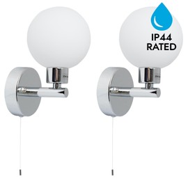 Pair of Modern Chrome IP44 Bathroom Globe Pull Cord Switch Wall Lights Zone 2 3