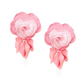 YUNXI Chiffon Acrylic Rose Petal Drop Dangle Earrings Bohemian Flower Statement Floral Tassel Layered Floral Petal Earrings for Women Bridal Prom (Pink)