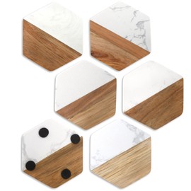 ZENFUN Set of 6 Marble Wood Coasters, Hexagon Geometric Coasters, Handcrafted Marble Coasters Set for Your Drinks and Beverages, Tea, Coffee, Wine/Bar Glasses, Tabletop Protection Helper