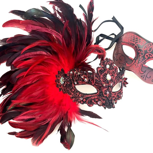 MasqStudio Couples Red Lace Masquerade Ball Mask Pair Feather Birthday