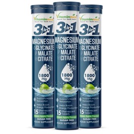 Vitaminnica Magnesium 3-in-1 Effervescent- 15 Tablets – High Absorption Magnesium Malate, Citrate & Glycinate – Energy, Muscle Function & Relaxation – Sugar-Free (3, Green Apple)