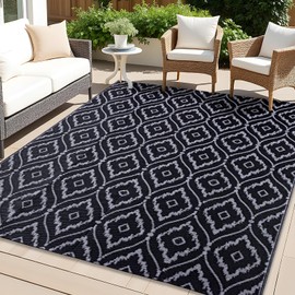 OLANLY Outdoor Rug 5x8 ft Waterproof, Outdoor Plastic Straw Rug with Geometric Pattern Clearance, Reversible RV Mat for Patio, Camping, Balcony, Deck, Backyard, Black & Grey