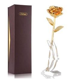 ZJchao 24K Gold Rose for Her, Dipped Gold Rose Eternity Love Real Golden Plated Preserved Eternal Flower with Rose Stand Present for Wife/Girlfriend/Couple (Gold)