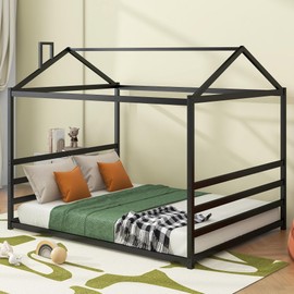 Harper & Bright Designs Metal House Shape Platform Bed Frame for Boys Girls Kids Adults Toddler, Black, Queen