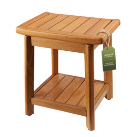 14" Teak Shower Stool with Storage Shelf, Non-Slip Waterproof Wooden Shower Chair, Compact Bathroom Bench and Shower Seat for Tub or Indoor Use, Ideal for Elderly, Recovery and Everyday Use