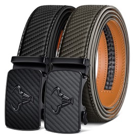 BULLIANT Men belt 2Pack, Leather Ratchet Belt for Men Dress Casual Jeans1 3/8",Cut for Fit(Black/Khaki,38"-44" Waist Adjustable)