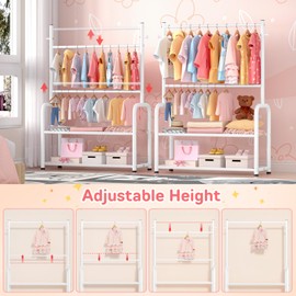 ZHKINGGS Kids Clothing Rack with 2-Layer Storage Shelf and 2 Adjustable Hanging Rods, Small Baby Closet Organizer for Hanging Clothes, Kids Dress Up Rack for Child (Classic, White)