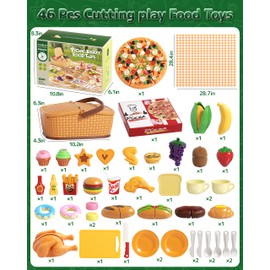 Pretend Play Food for Kids, Cutting Toy Food Set with Picnic Basket, Play Kitchen Accessories, Food Toys with Veggies, Fruits, Pizza Toy for Boys Girls Gift