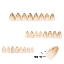 SXVME 3D Gold French False Nails Short Almond Shape Press on Nails with Swirls Designs Glitter Shiny Nude Artificial Fake Nails Short Stiletto for Women Daily Wear, 24 Pcs