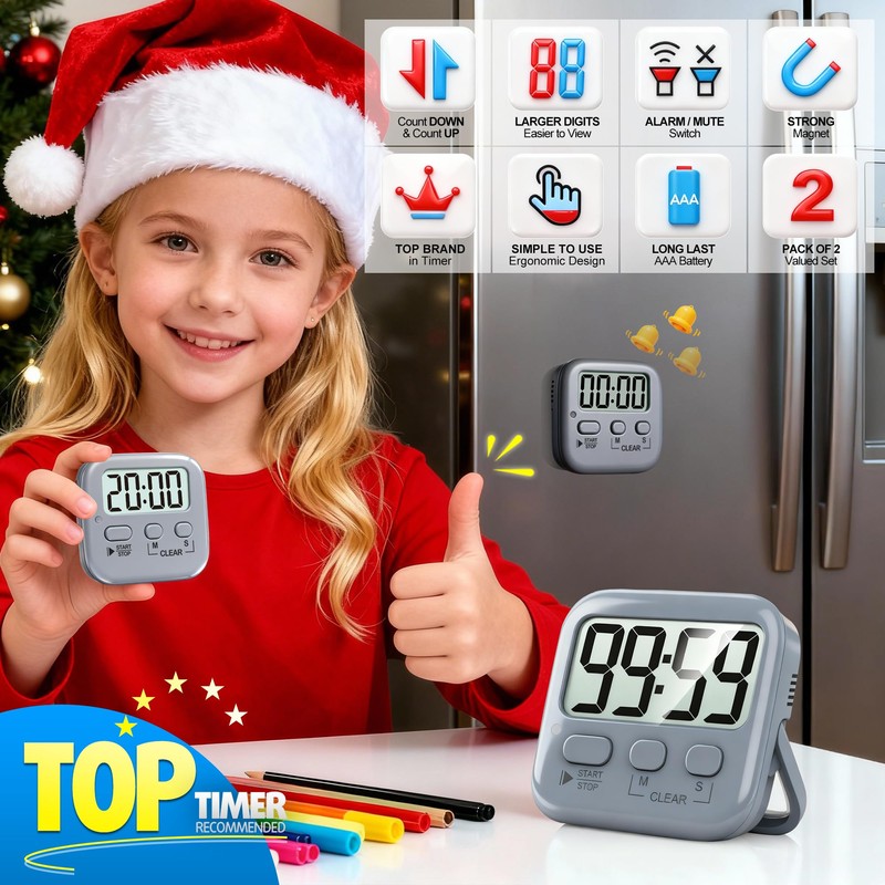 Antonki 2 Pack Digital Timer for Kids, Magnetic Countdown Kitchen