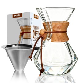 AGOGO Pour Over Coffee Maker Glass - Barista Kit with 304 Stainless Filter for Home, Office, Camping, Cafes - Easy Clean Coffee Dripper Set (Soft Towel&Brush) (28oz Diamond Design w/SS Filter)