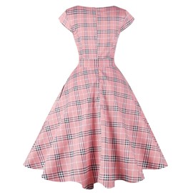 Kingfancy Women Vintage 1950s Dress Retro Cocktail Party Swing Dresses with Cap Sleeves Pink Plaid M