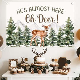 Balterever Deer Baby Shower Decorations for Boys Oh Deer He’s Almost Here Baby Shower Backdrop 5 * 3 ft for Woodland Animal Party Supplies