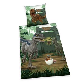 Herding Jurassic World Camp Cretaceous Bed Linen, Pillowcase Approx. 80 x 80 cm, Duvet Cover Approx. 135 x 200 cm, with Smooth Brand Zip, 100% Cotton, Renforcé