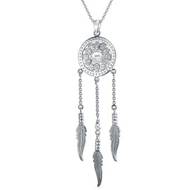 Western Boho Turquoise Accent Native American Indian Multi Feathers Leaf Dream Catcher Pendant Necklace For Women Teens Oxidized .925 Sterling Silver