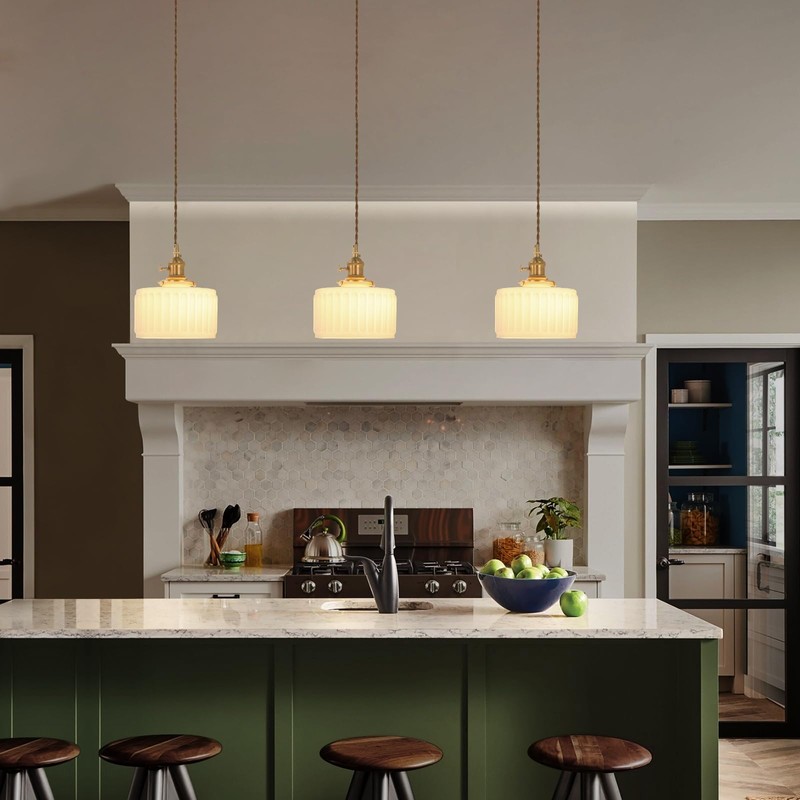 Shenmoyl Pendant Light 2 Pack with White Striped Glass Lmapshade,