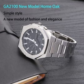 Hontao GA2100 5rd Model Home Oak All Metal Bezel Strap Simple Style In-one Watch Bands For GA2100/2110 Accessories (Silver with crown)