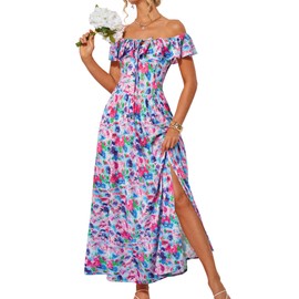 GRACE KARIN Summer Wedding Guest Dress for Women Smocked Corset Off Shoulder Boho Dress Blue Multicolor XXL