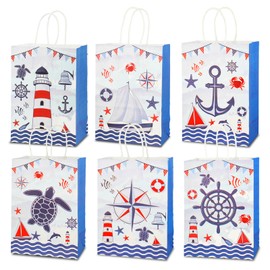 Pokuta 24pcs Nautical Party Gift Bags, Party Favor Bags with 6 Different Nautical Patterns, Gift Paper Bag with Handles for Themed Birthday Parties