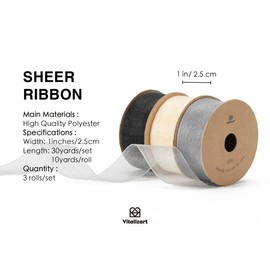 Vitalizart Organza Ribbon White & Black & Grey 2.5cm x 27.4m Ribbons for Crafts, Ribbon Wide, Gift Wrapping Ribbon for Gift Wrapping, Christmas Tree, Crafts, Bows, Wedding Invitations