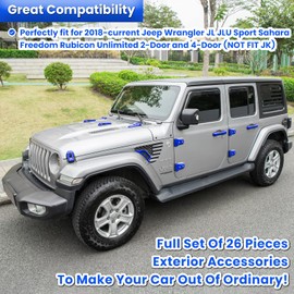 26PCS Full Set Exterior Decoration Trim Kit for Jeep Wrangler JL JLU 2018-2023 Door Hinge Handle Engine Hood Hinge Hood Latch Wheel Eyebrow Side Air Outlet Rear Tailgate Window Hinge Cover (Blue)