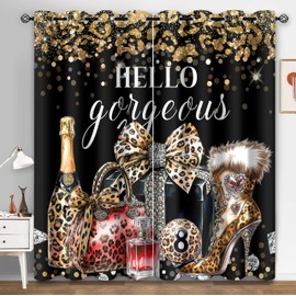 HIYSMT Leopard Print Black Gold Curtains,Cheetah Modern Fashion Bow Champagne 8 Ball Perfume High Heels Blackout Curtain,4284inch Luxury Hello Gorgeous Girly Insulated Drapes 2Panel HI01LC