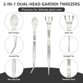 Ruatu 2 PCS Stainless Steel Garden Tweezers Set 2-in-1 Long Plant Tweezers Gardening Tools with 8.9" Curved Tine & 8.7" Straight Rake for Plants, Lawn, Bonsai, Succulents