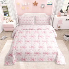 Feelyou Bow Comforter Set Twin Size Pink Girls Bow Bedding Set Boys Girls Cute Bowknot Comforter for Kids Women Men Kawaii Duvet Bow and Stripes Quilt 2Pcs