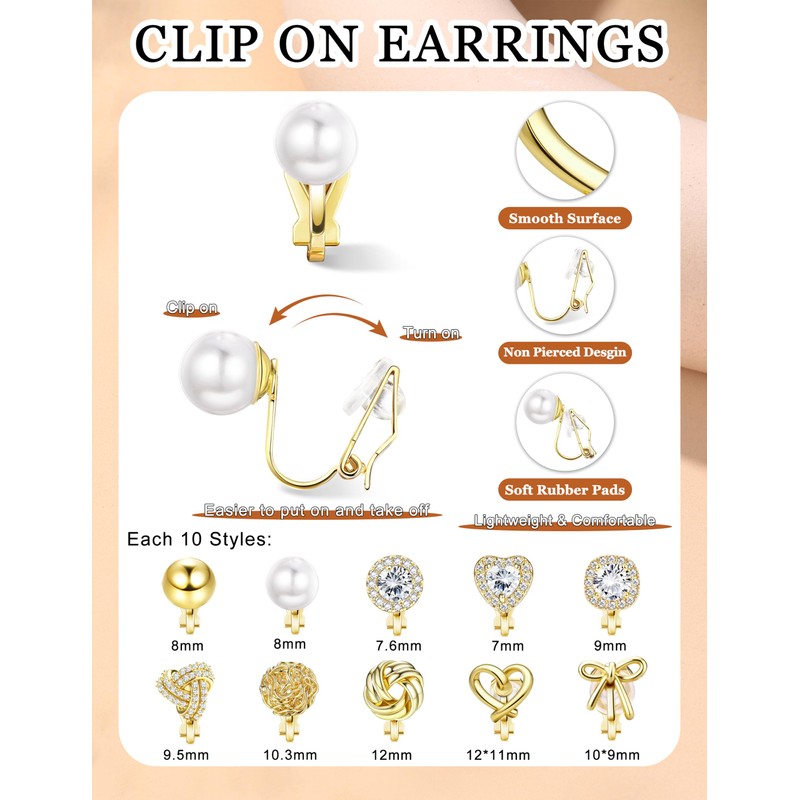 Florideco 10 PCS Clip on Earrings for Women 14K Gold