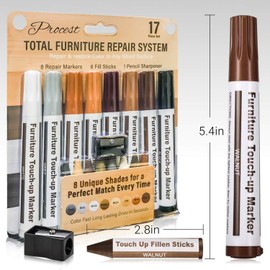 Procest 17 Piece Set of Furniture Markers Touch Up, Wood Furniture Markers, Filler, Wax Sticks, Restore Kit, Cover Up Scratches, Cracks, Furniture, Wood Floor, Cabinet, Door, Wooden Table, 8 Colors
