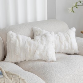 ROSE FEATHER Genuine Rabbit Fur Throw Pillow Covers 12x20 inches Set of 2 -Luxury Soft Fluffy Animal Skin Decorative Cushion Pillow Covers for Sofa, Couch, Living Room- White