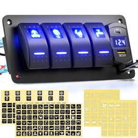 Okerny - Panel de interruptor basculante de 4 pandillas+ PD de carga rápida + 3.0 USB + voltímetro precableado panel de aluminio interruptores de palanca para automóvil, automóvil, barco, RV, ATV,